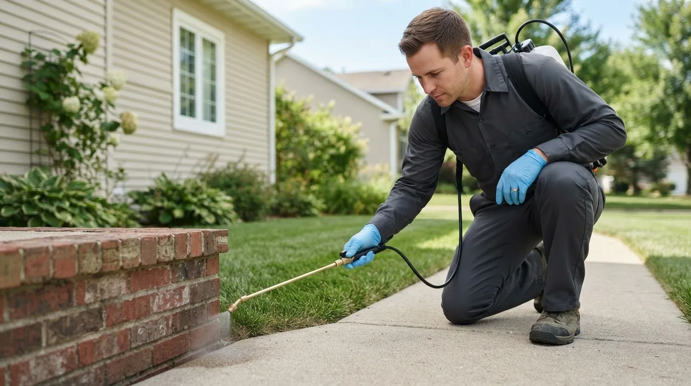 Pest control technician treating a home near Agate, ND